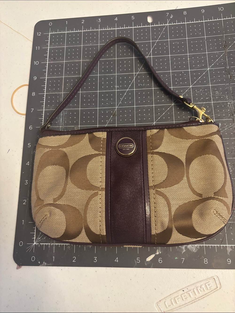 Coach Brown Signature Mini Shoulder Bag with Plum Trim
